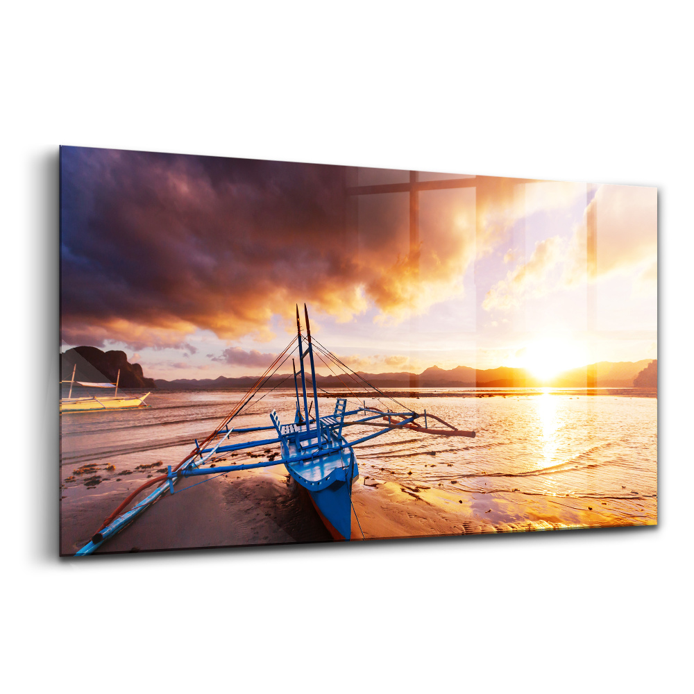 Skleněný obraz Loď nad vodou západ slunce