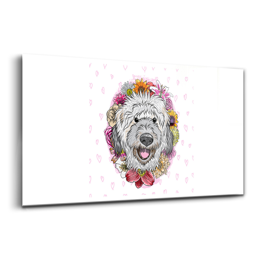 Luxusní skleněný obraz Šťastný pes v květinách
