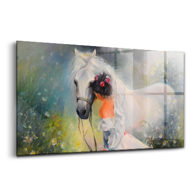 Skleněný obraz na stěnu Krásná žena s koněm