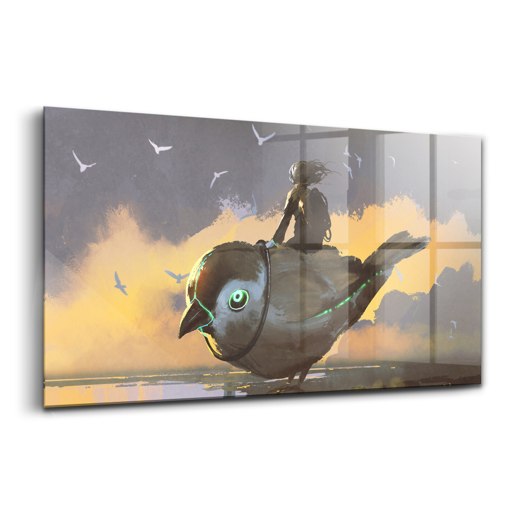 Skleněný obraz Dívka sedící na vrabci