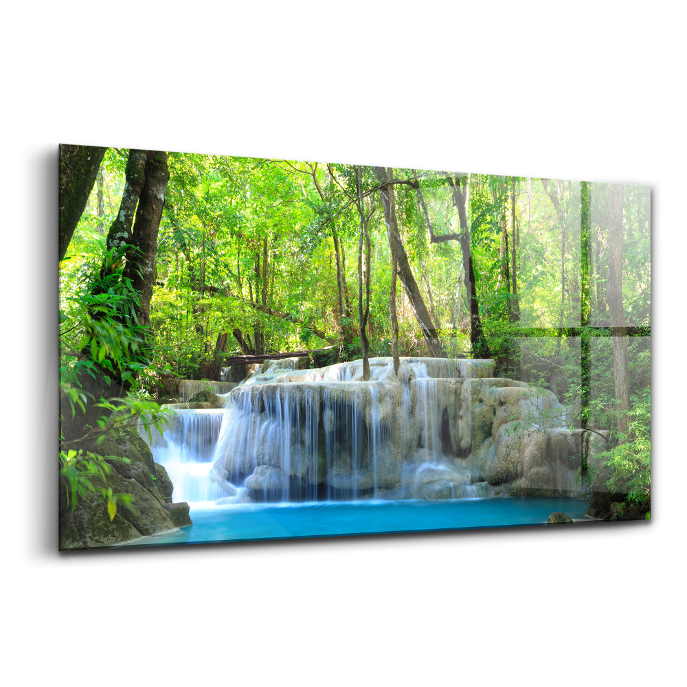 Skleněný obraz Krajina vodopádu v lesním rybníce