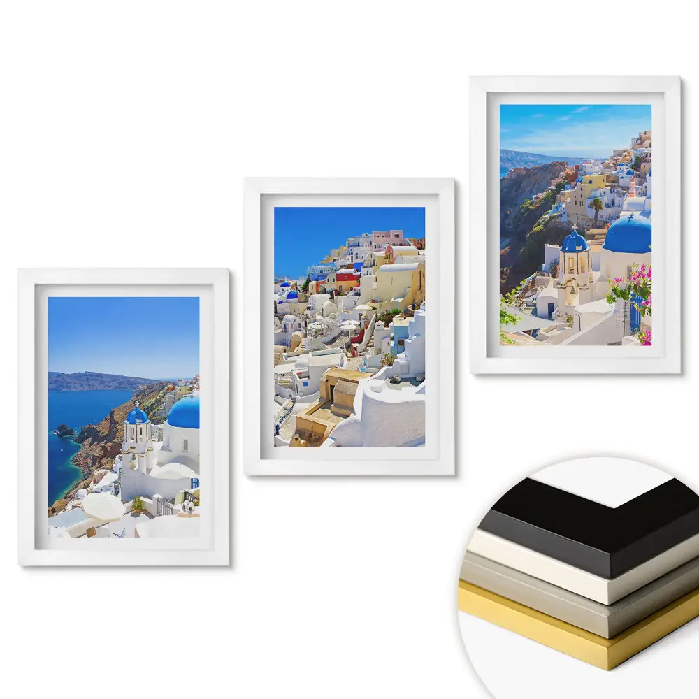 Triptych v rámu Malebné výhledy na Santorini na slunci