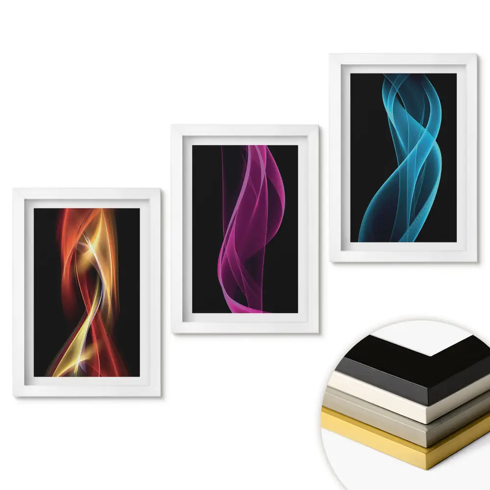 Triptych v rámu Barevné vlny světla na černém pozadí