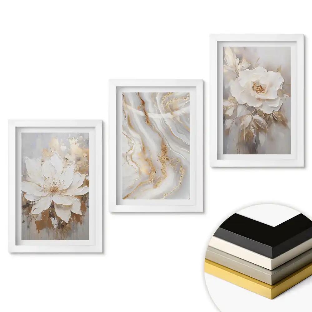 Triptych v rámu Elegantní květiny v jemných odstínech