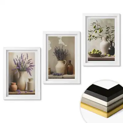 Triptych Květiny a olivy v rustikálním stylu v rámu