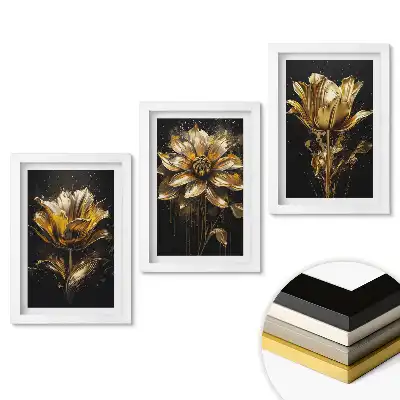 Triptych v rámu Zlaté květy na černém pozadí