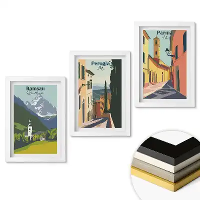 Sada obrazů do obývacího pokoje Malebná evropská města v grafickém stylu