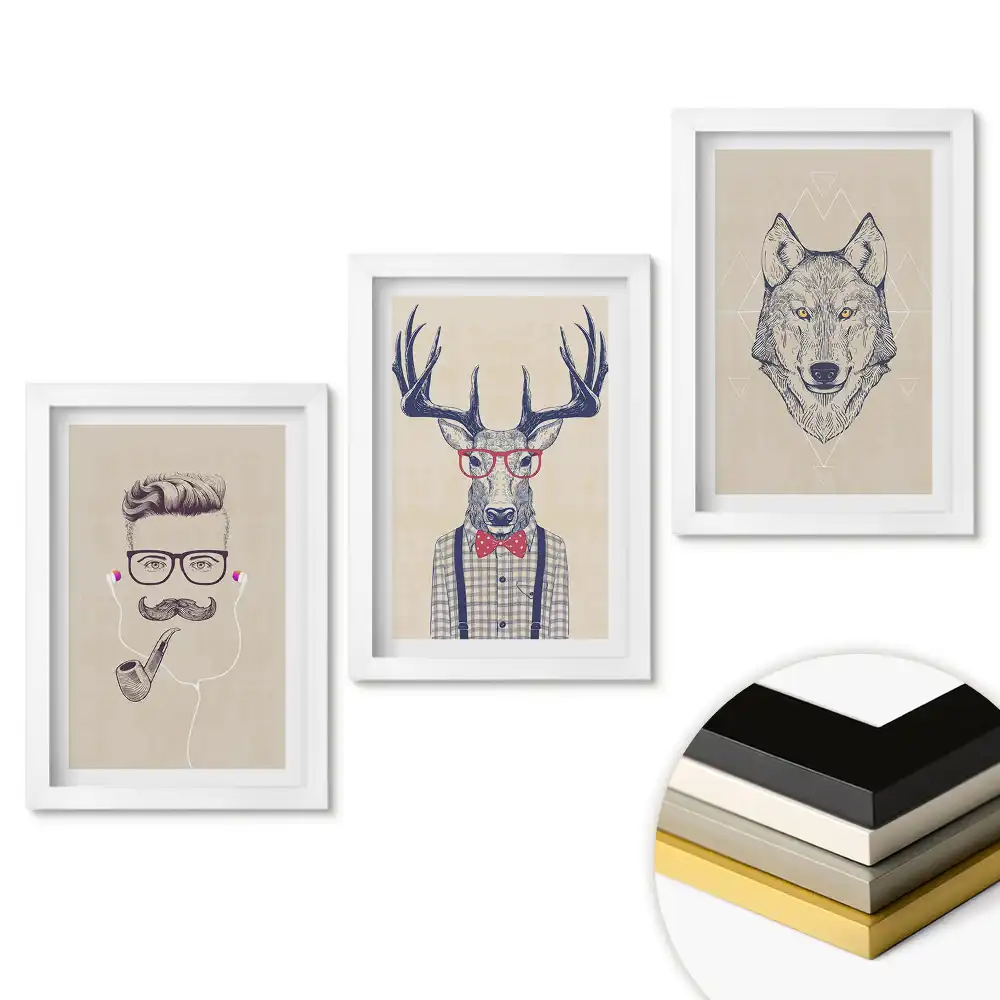 Triptych v rámu Stylová zvířata a lidé v ilustracích