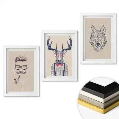 Triptych v rámu Stylová zvířata a lidé v ilustracích