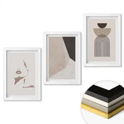 Triptych v rámu s abstraktními tvary a minimalistickými liniemi