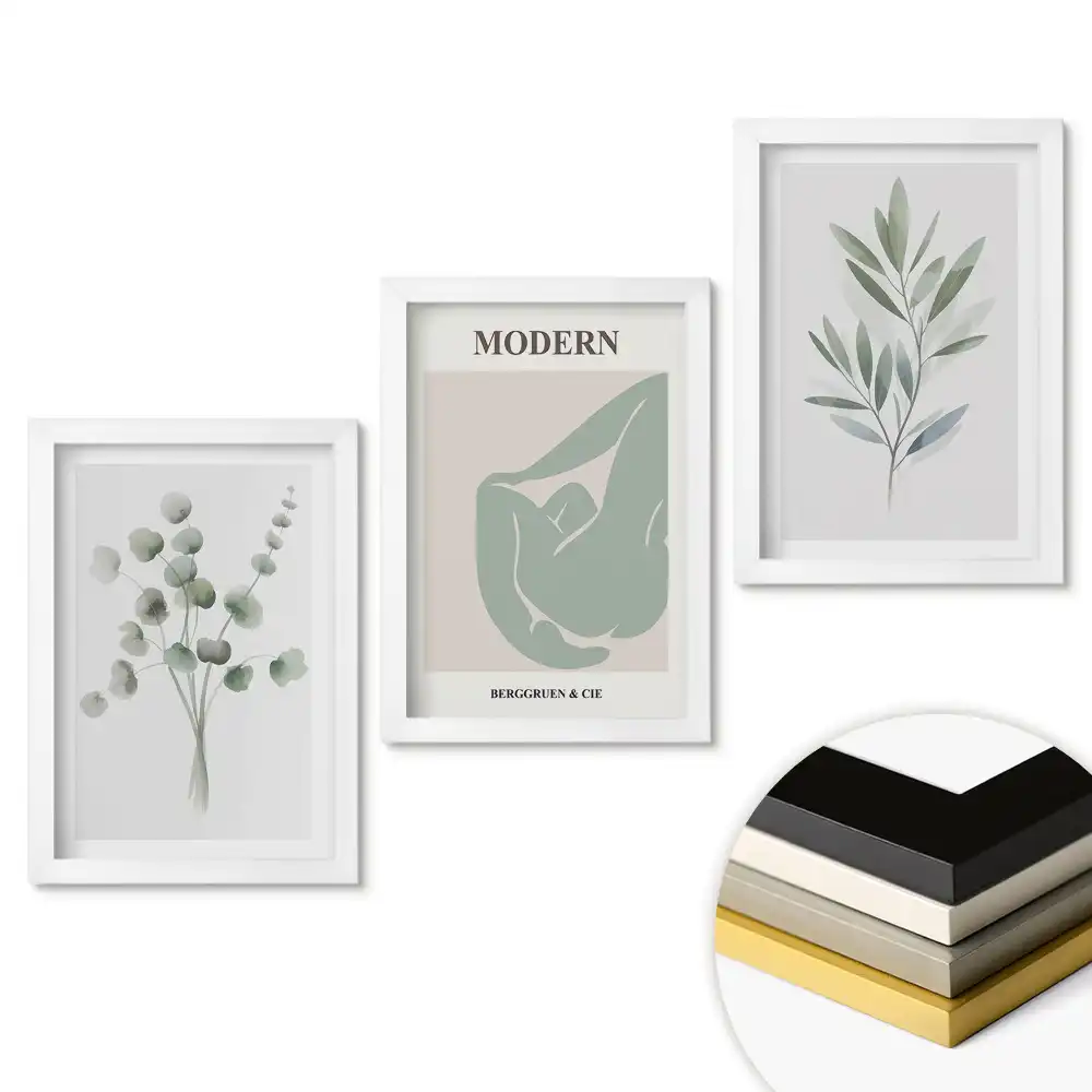 Triptych v rámu stylová grafika rostlin v pastelových barvách