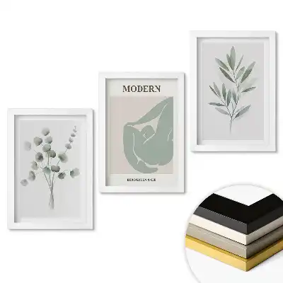 Triptych v rámu stylová grafika rostlin v pastelových barvách