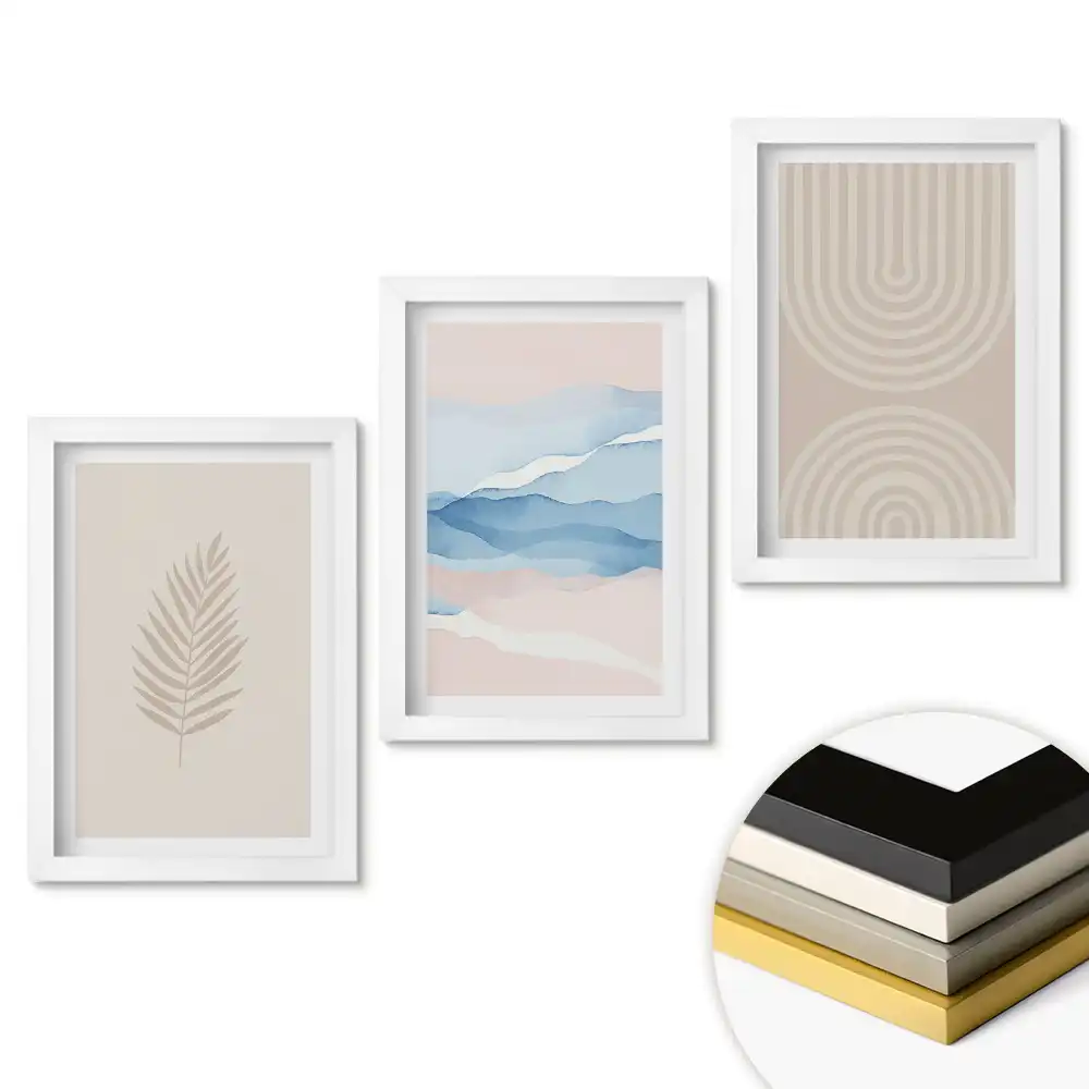 Minimalistická grafika v pastelových barvách triptych v rámu