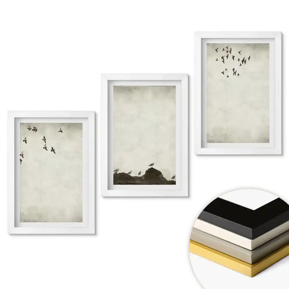 Triptych v rámu Ptáci letící nad krajinou