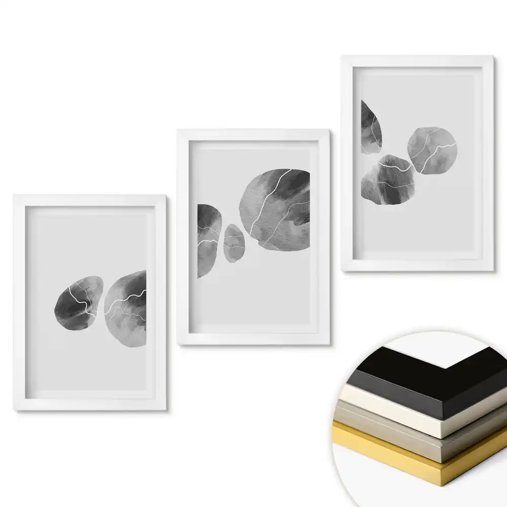 Triptych v rámu Abstraktní listy v odstínech šedé