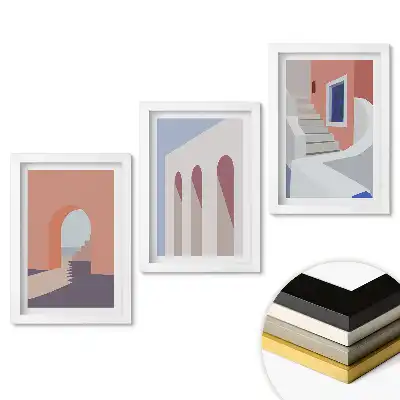 Sada obrazů do obývacího pokoje s motivem abstraktních architektonických barevných kompozic
