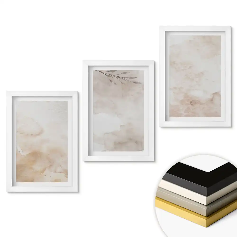 Triptych v rámu Abstraktní akvarely v tlumených barvách