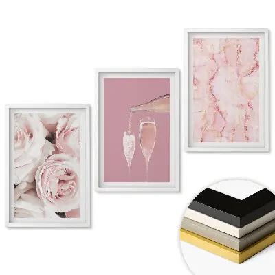 Triptych v rámu Květiny, šampaňské a mramorové pozadí