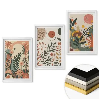 Triptych v rámu s minimalistickými květinovými motivy