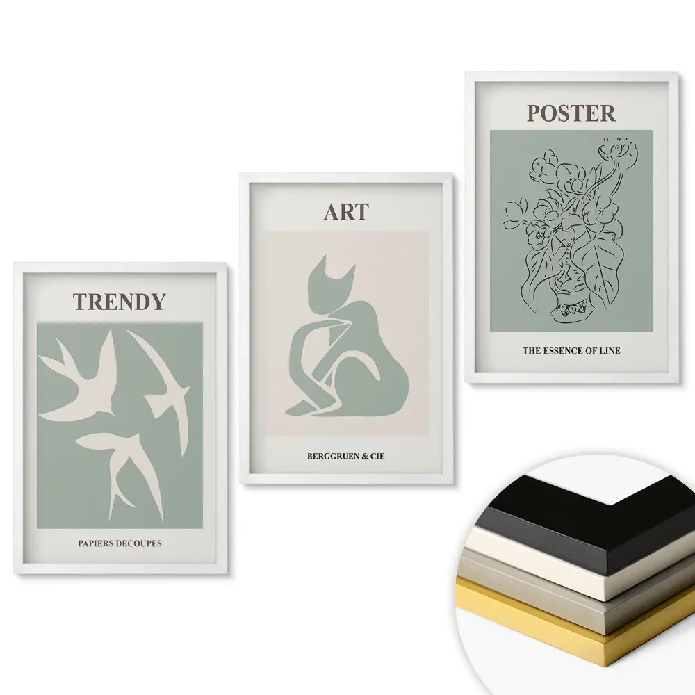 Triptych v rámu moderní grafika v tlumených barvách
