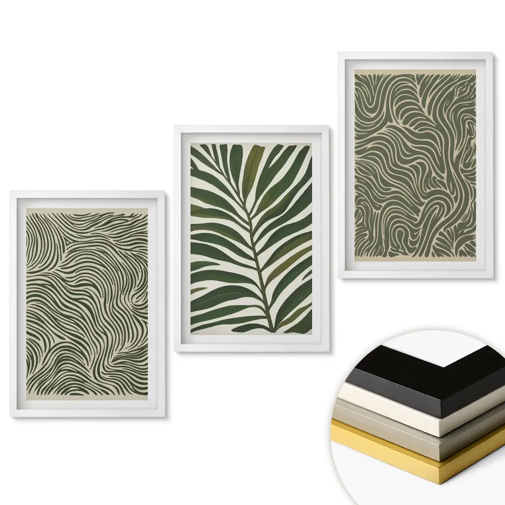 Triptych v rámu Rostlinné vzory v odstínech zelené