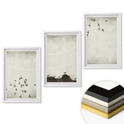 Triptych obrazů v rámu s motivem ptáků v přírodě