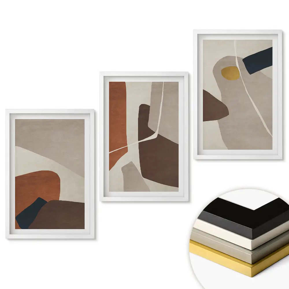Triptych v rámu Abstraktní tvary v tlumených barvách