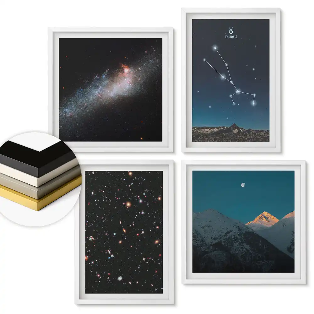 Sada 4 obrazů v rámu Kosmická krása Hory a galaxie