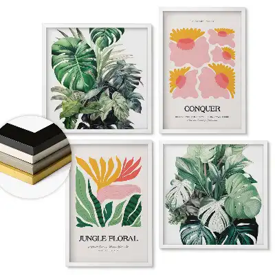 Sada 4 obrazů v rámu Tropické inspirace v moderním stylu