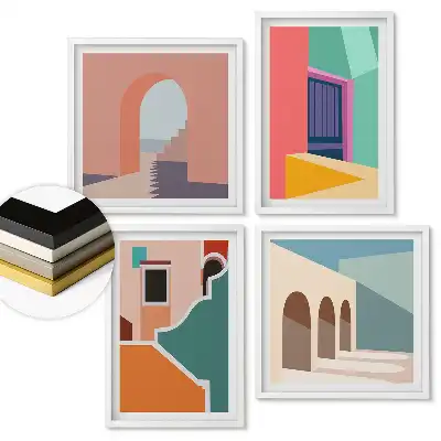 Sada 4 obrazů v rámu s motivem barevných architektonických abstrakcí