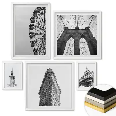 Sada 5 obrazů v rámu Architektonické ikony v černo-bílém provedení