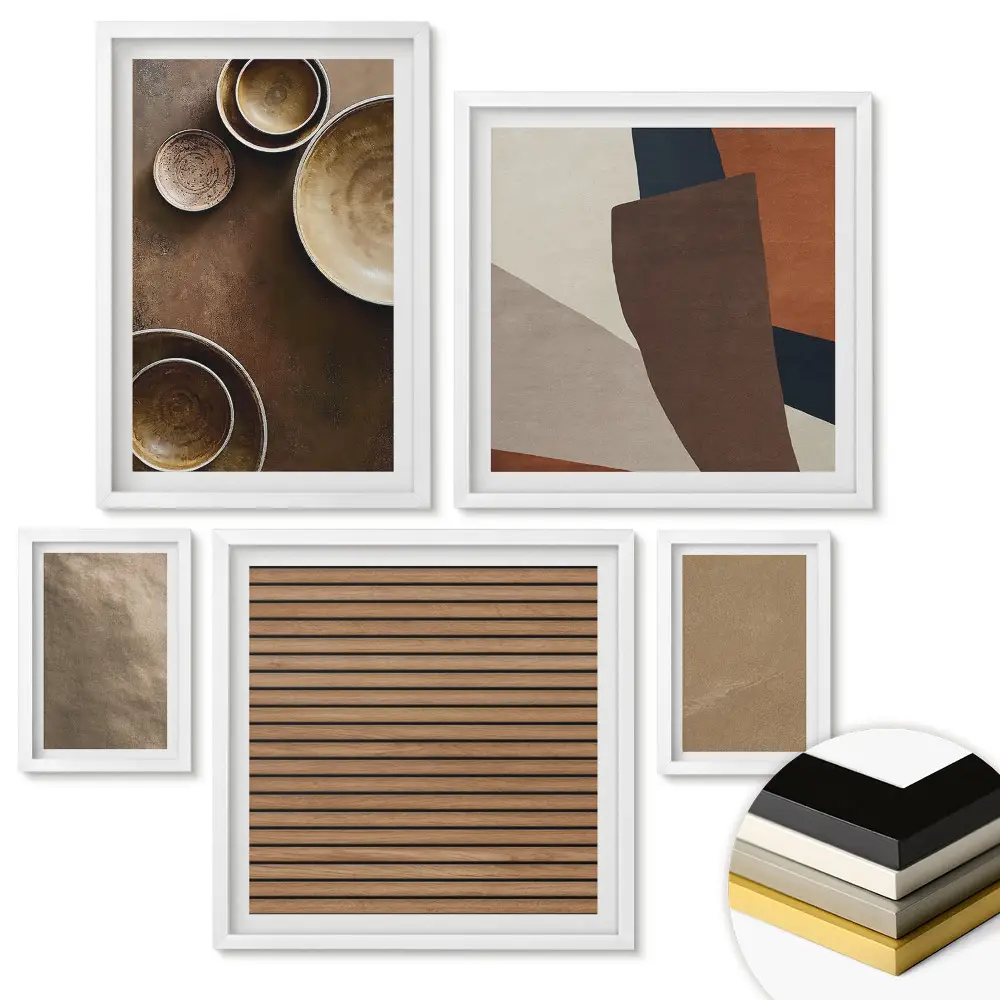 Nástěnná galerie Přírodní textury a minimalistické nádobí