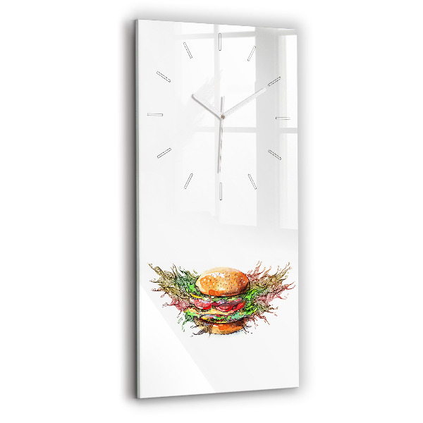 Nástěnné hodiny skleněné vertikální XXL sýrový hamburger
