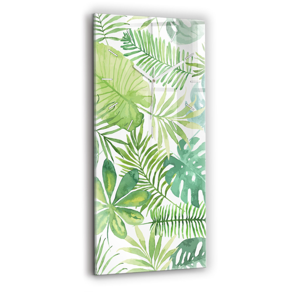 Nástěnné hodiny skleněné vertikální Zelené listy