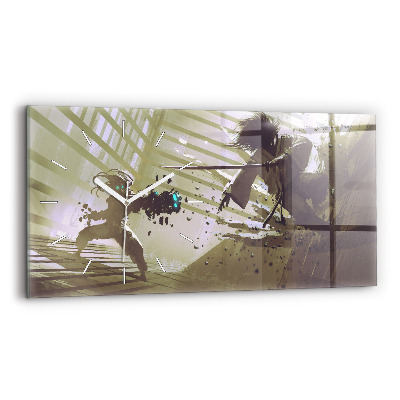 Skleněné hodiny na zed horizontální Boj mezi robotem a samurajem