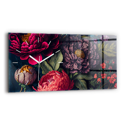 Skleněné nástěnné hodiny horizontální Vintage kytice květin