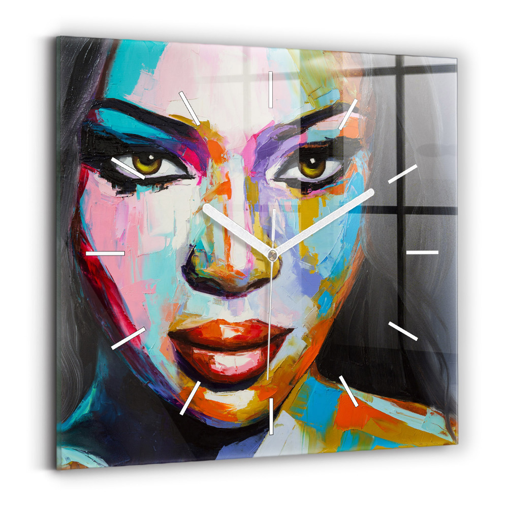 Skleněné nástěnné hodiny Barevná tvář ženy