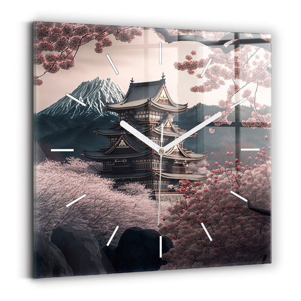 Skleněné nástěnné hodiny Věž a květiny v Asii