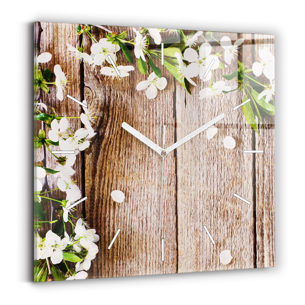 Skleněné nástěnné hodiny Květiny na dřevě