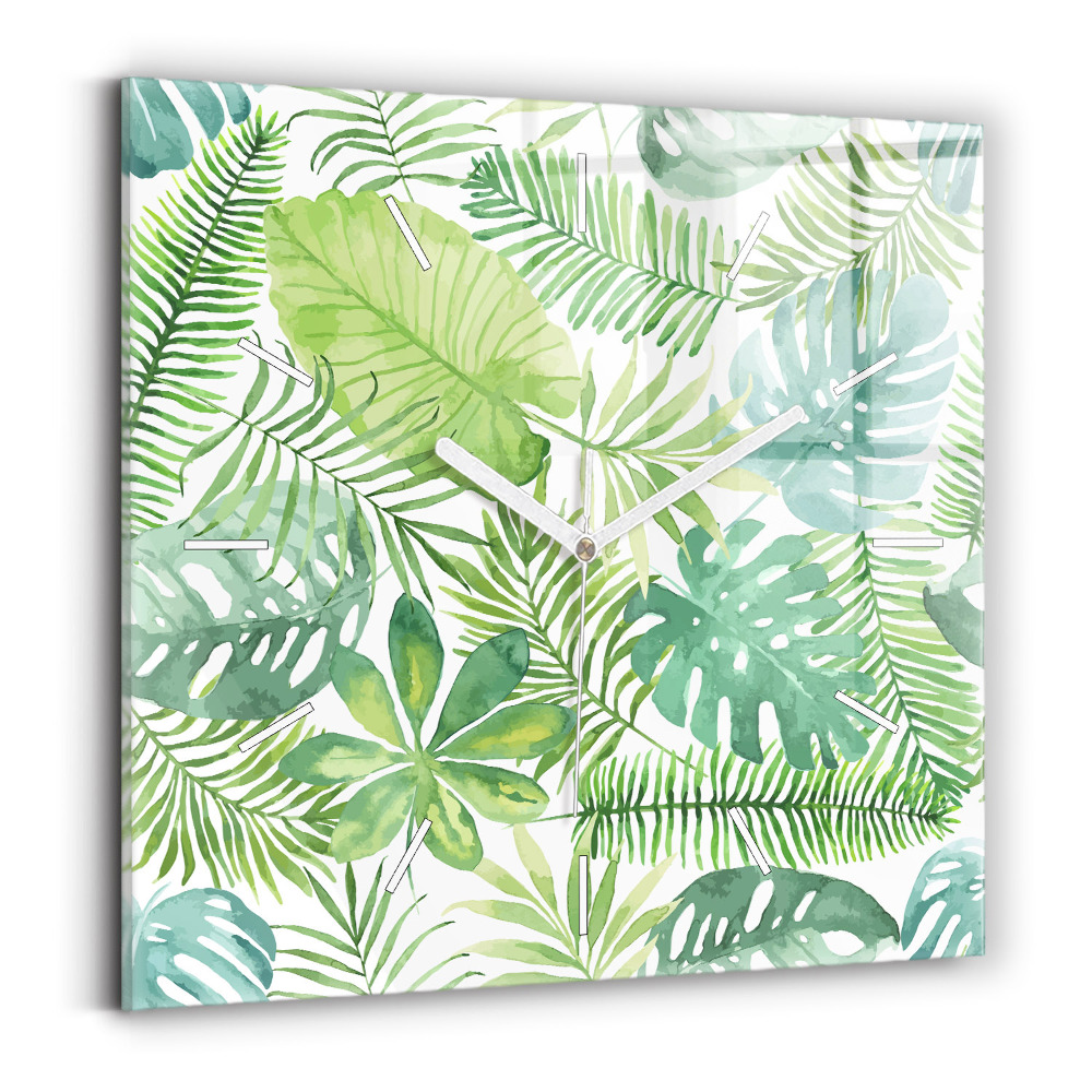 Skleněné nástěnné hodiny Zelené listy