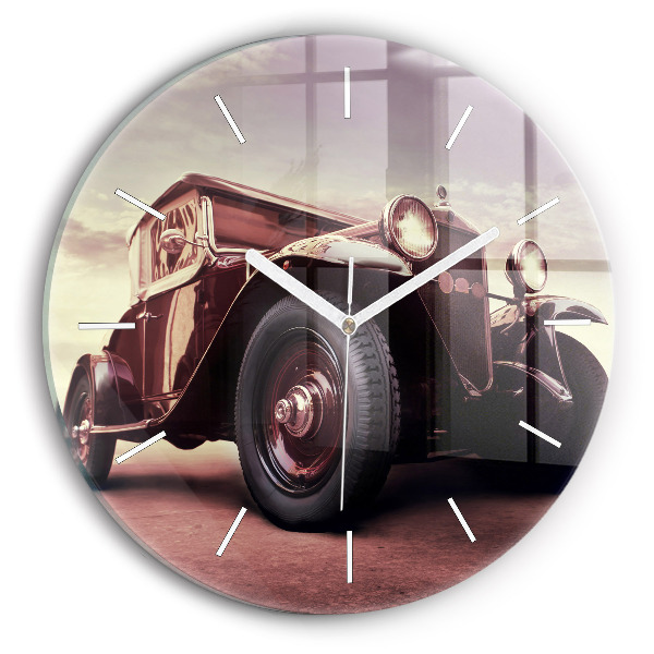 Skleněné hodiny nástěnné kulaté Historické auto
