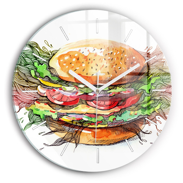 Skleněné hodiny s fotkou kulaté XXL sýrový hamburger