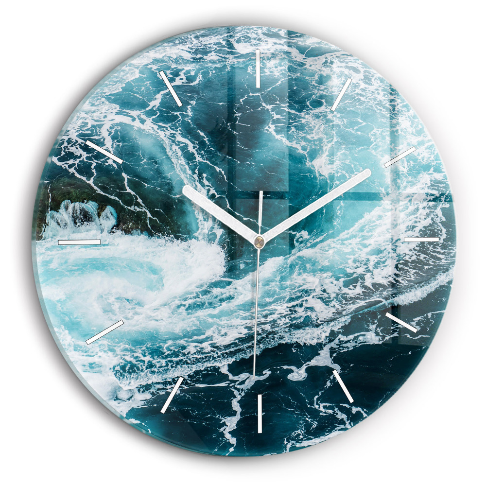 Skleněné hodiny na zed kulaté Vířící zpěněné vlny