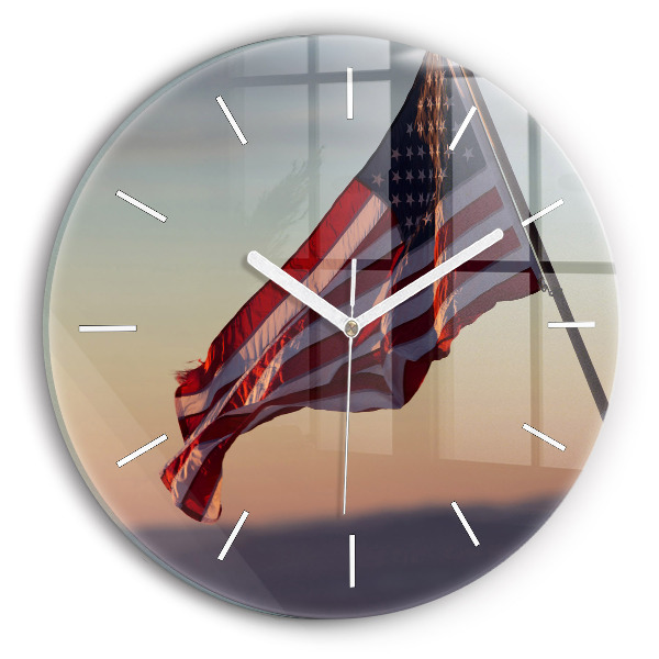 Nástěnné hodiny skleněné kulaté Vlajka USA