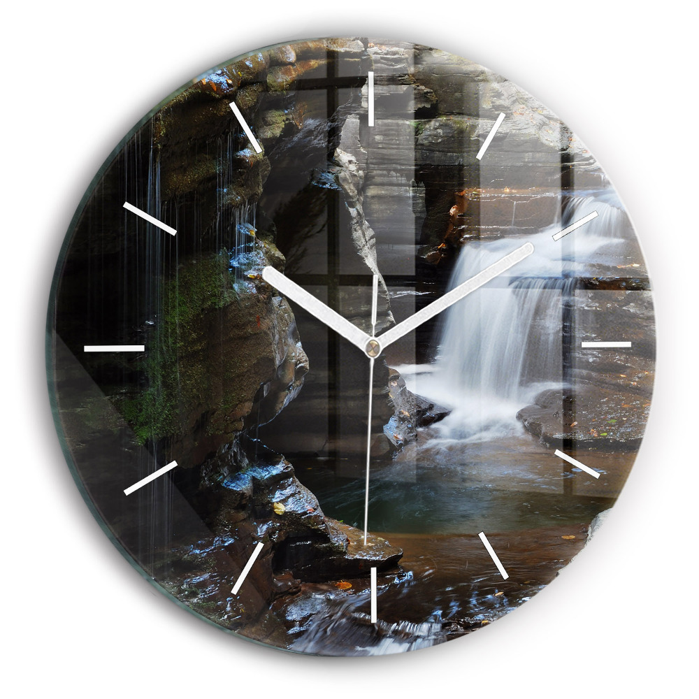 Skleněné hodiny nástěnné kulaté Islandský vodopád a skály