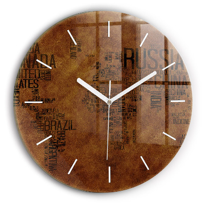 Nástěnné hodiny skleněné kulaté Mapa a názvy zemí